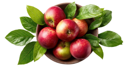Apples in a small bowl surrounded by fresh green leaves background isolated on a Transparent background, PNG file.