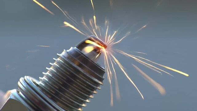 Silver spark plug emits golden sparks against a soft gray backdrop, close up view