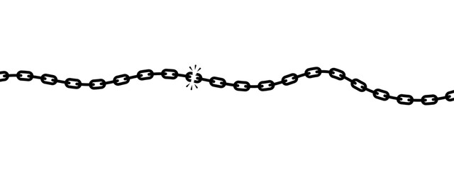 Black broken chain with cracked link in the center, symbolizing weakness, freedom, or disconnection in minimal bold style.