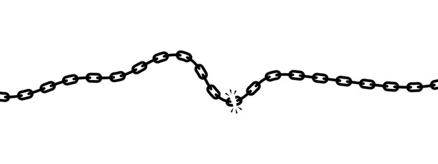 Black broken chain with cracked link in the center, symbolizing weakness, freedom, or disconnection in minimal bold style.