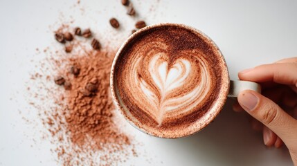 Artistic Coffee Cup with Heart Latte Foam Surrounded by Scattered Cocoa and Beans