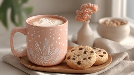 A light pink mug with a painted design and a latte sits beside cookies on a light colored tray.
