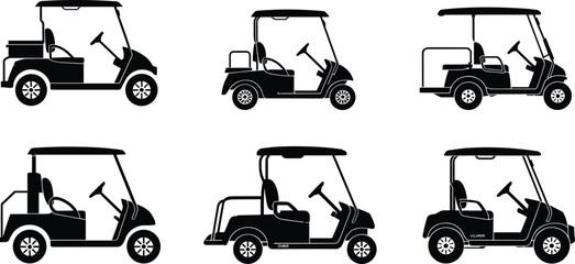 Golf cart vehicle silhouette collection, electric golf car icons set, transportation design, golf buggy shapes bundle, flat vector illustration