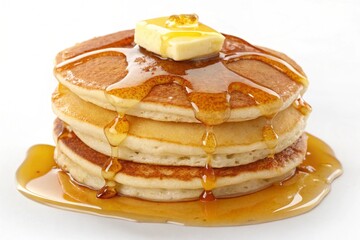 Illustration of stack of pancakes with butter and syrup isolated on white background