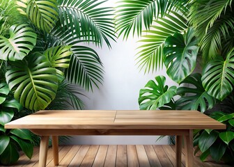 Fototapeta premium Illustration of wooden table with tropical leaves background for product display mockup