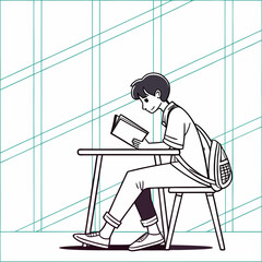 A student is sitting at a desk and reading a book isolated on white background