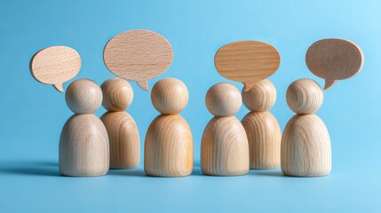 Wooden figures of people with speech bubbles on a blue background, symbolizing communication and social interaction in a group of people concept. 