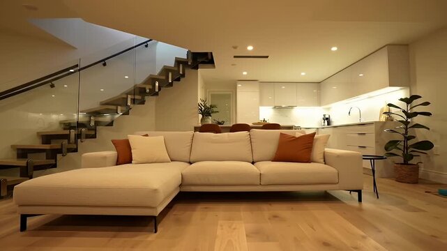 Cream Sectional Sofa with Brown Pillows in Modern Living Room with Wooden Floors and Glass Railing Staircase