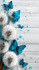 Blue butterflies and white dandelions on wood background