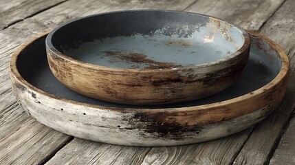Two rustic wooden bowls nestle on a wooden surface.