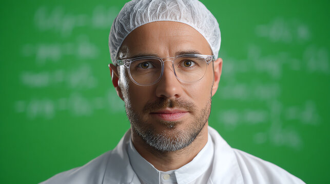 Confident male scientist wearing glasses and a lab coat, standing against a green chalkboard filled with mathematical formulas.