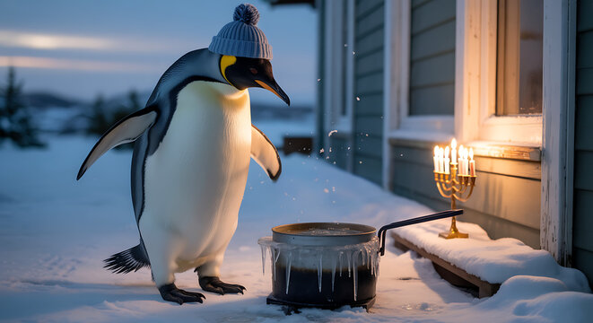 A penguin, dressed in a knitted hat, curiously approaches a pot steaming in the snow, surrounded by a wintery landscape and a warm atmosphere. - Powered by Adobe