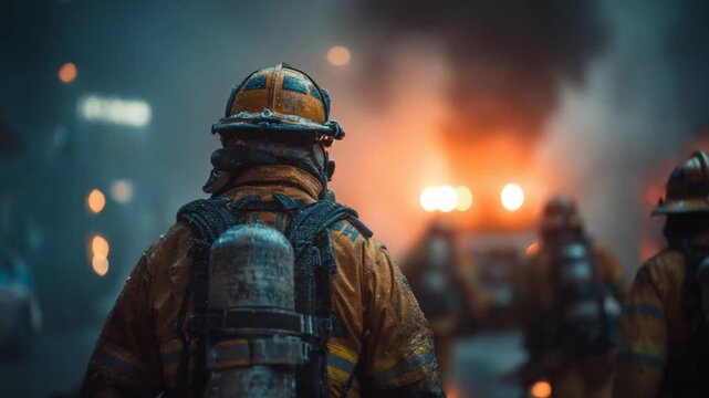 A firefighter in protective gear, facing a burning building. Smoke and blurred lights create a dramatic, action-oriented scene
