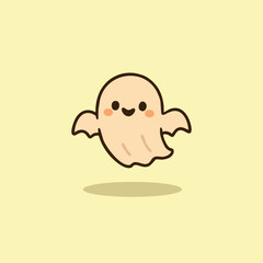Cute beige ghost character with a happy smile and rosy cheeks floating in a kawaii style.