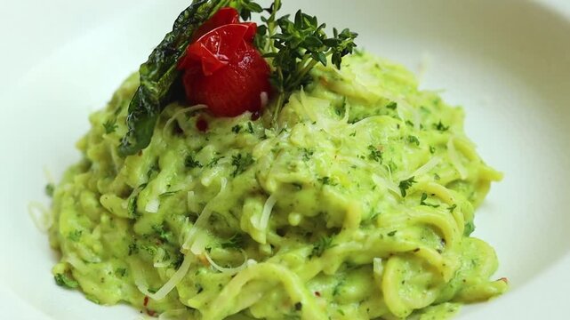 Pesto spaghetti pasta is a flavorful dish made with al dente spaghetti tossed in a vibrant green pesto sauce. The sauce, a blend of fresh basil, garlic, pine nuts, Parmesan, and olive oil, adds a rich