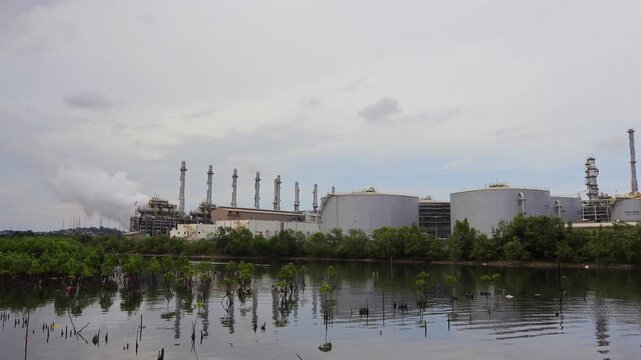 Pertamina Oil and gas refinery industry, equipment details Steel oil pipelines with valves from large oil storage tanks and mangrove conservation as foreground.