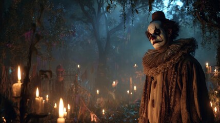 twisted circus theme, creepy ghost clown with sinister makeup and vintage tattered costume, standing in eerie halloween night forest, surrounded by glowing candles