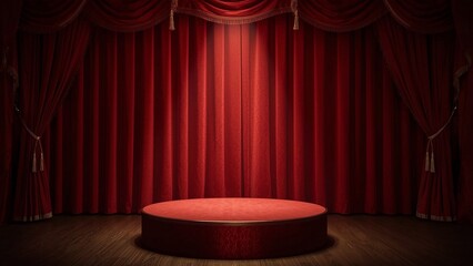 Stage podium with red curtains and spotlight