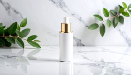 White Cosmetic Bottle On Marble Surface With Green Leaves