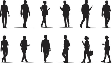 Business people silhouette vector, men and women walking, office professional posture illustration, talking on phone, standing, isolated design set