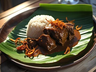 Authentic Indonesian Beef Rendang with Rice and Sambal – Traditional Minangkabau Cuisine