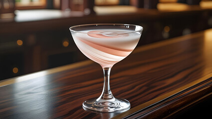 Classic cocktail glass with a white and pink swirl drink on a polished bar counter for stylish vibes