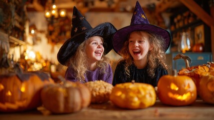 Fototapeta premium two happy little girls wearing witch hats, smiling and laughing at a halloween pumpkin party, surrounded by carved jack-o'-lanterns, cozy kitchen background with warm candlelight and festive decoratio