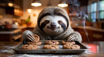 A sloth joyfully prepares an assortment of cookies in a charming kitchen filled with warmth and delightful aromas, enhancing a cozy ambiance.