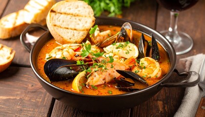 Bouillabaisse Seafood Soup Close-Up with Shrimp, Muscles, Clams, Fish, Fennel , Grill