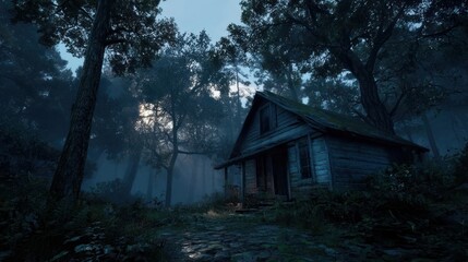A rustic cabin sits nestled amongst tall trees in a misty, slightly eerie forest setting