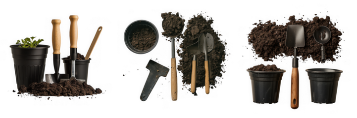 Gardening tools and flower pots with soil isolated on white surface ready for transplanting plants in the garden isolated on transparent background