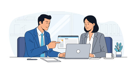 Business colleagues collaborating in a modern office, discussing a project on a laptop. Vector illustration of teamwork.