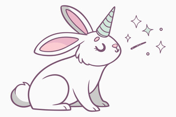 Obraz premium Magical cartoon bunny with crystal horn, vector flat style, pastel colors, white background
