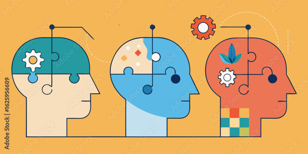 Poster conceptual illustration of three stylized human heads with puzzle pieces and gears inside representi