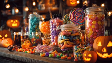 vibrant halloween candy bar setup, glass jars filled with colorful sweets, gummy worms, lollipops, jelly beans, cookies, surrounded by carved jack-o'-lanterns, wooden table background