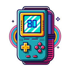 Retro handheld video game console with colorful accents isolated on white background