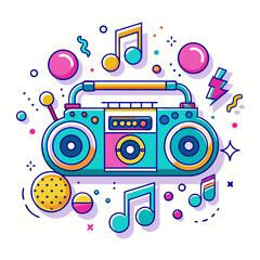 Obraz premium Retro boombox with musical notes and party elements isolated on white background