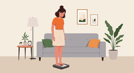 Illustration Vector of Woman on Scales in Room Modern Interior Design