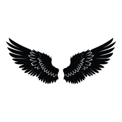 Detailed black angel wings spread wide in a striking silhouette against a clean white background