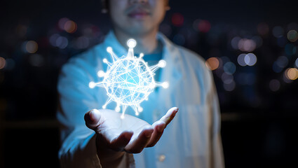 Glowing virus model held in open palm science technology