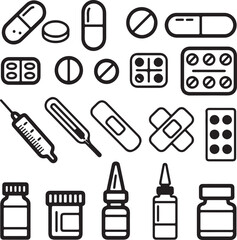 Collection of medical supplies and pharmaceutical items including pills capsules tablets syringes thermometers bandages and medicine bottles presented in a clean and organized graphic illustration