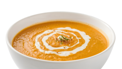 Creamy pumpkin soup with herb garnish in white bowl on isolated background, swirled cream, autumn comfort food, vegetarian cuisine