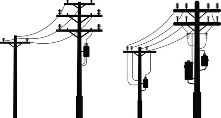 Set of vintage and modern utility electric power poles with wires, transformers, energy distribution system, flat vector illustration