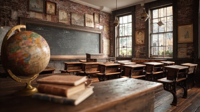 Historic Classroom Scene with Classic Wooden Furniture, Chalkboard Lessons, and Natural Light