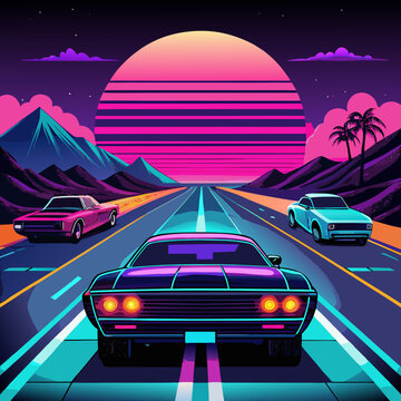 Retro synthwave cars driving on highway at sunset isolated on white background