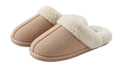 Cozy beige furlined slippers with soft suede finish for indoor comfort and warmth on the transparent background
