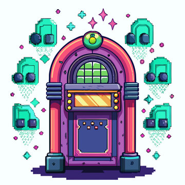 Retro pixel art jukebox with floating music notes isolated on white background
