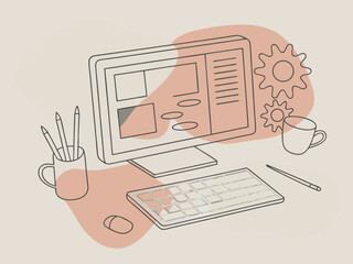 Modern minimalist illustration of a desktop computer setup with a keyboard mouse pencils in a mug and gears symbolizing workflow and productivity
