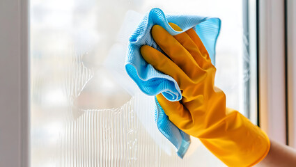 Hand cleaning window with blue cloth and yellow glove image