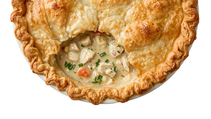 Golden chicken pot pie with flaky crust and hearty vegetable filling on the transparent background